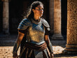 © Pathompong - photo of strong ancient young female warrior with roman armor stained, generative AI