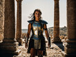 photo of strong ancient young female warrior with roman armor stained, generative AI