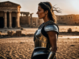 photo of strong ancient young female warrior with roman armor stained, generative AI