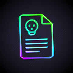 Wall Mural - Glowing neon line Radiation warning document icon isolated on black background. Text file. Vector
