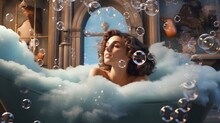 Young Woman Blowing Soap Bubbles And Having Fun While Lying In Bathtub Full Of Foam In Spa. Charming Lady Relaxing In Bath And Enjoying Beauty And Skincare Day