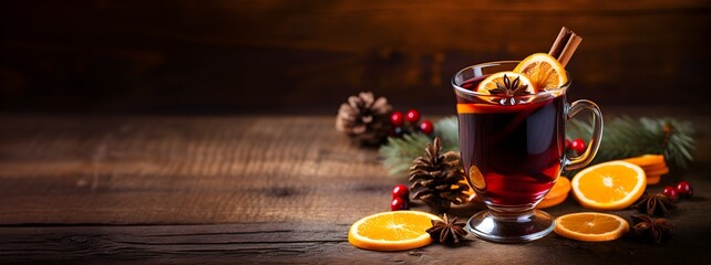 Wall Mural - Christmas mulled red wine with spices and fruits on a wooden rustic table. Traditional hot drink at Christmas time