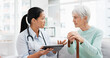 © Felix/peopleimages.com - Talking, old woman or doctor with tablet for results, report or report history online in hospital in consultation. Support, healthcare or Asian nurse with medical update for elderly patient in clinic