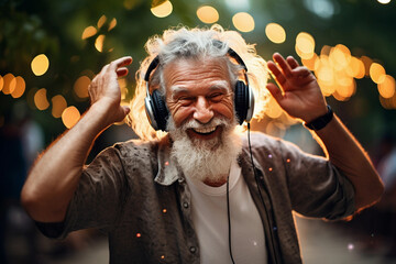 Old man dancing while listening to music in headphones