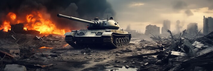 Canvas Print - Armored tank crosses destroyed war zone through fire and smoke in the desert at war zone.