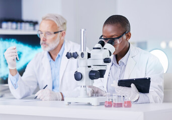 Poster - Science, laboratory and black woman with microscope, tablet and man with blood sample, test tube and medicine. Professional scientist team with study on virus growth, dna and analysis in lab together