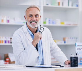 Wall Mural - Pharmacy, consulting and smile with portrait of man for medical, pills and helping. Medicine, healthcare and manager with mature pharmacist in dispensary store for retail, supplements or prescription