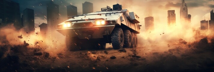 Military patrol car at war zone, Army war concept, Armored vehicle with soldiers ready to attack.