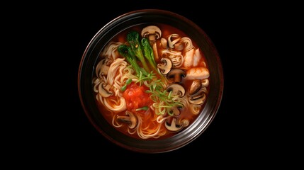 Wall Mural - Asian noodle soup, ramen with chicken, tofu, vegetables and egg in a bowl, dark background, top view