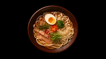 Wall Mural - Asian noodle soup, ramen with chicken, tofu, vegetables and egg in a bowl, dark background, top view