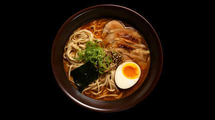 Wall Mural - Asian noodle soup, ramen with chicken, tofu, vegetables and egg in a bowl, dark background, top view