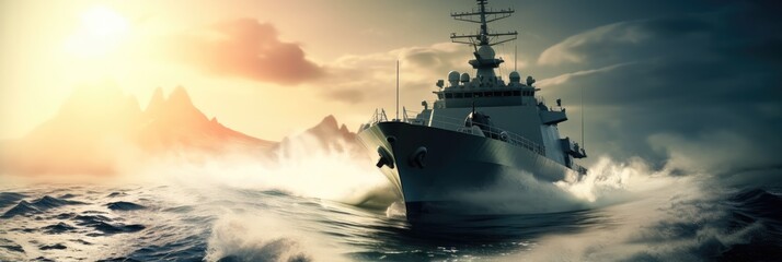 Wall Mural - Military Navy Ship in a warfare environment, The combat zone.