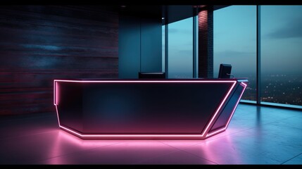 Poster - Reception desk with neon cyber dark themed lighting.