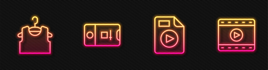 Sticker - Set line AVI file document, Sleeveless T-shirt, Photo and video shooting and Play Video. Glowing neon icon. Vector