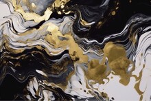Black White Liquid Marble With Gold Viens. Fluid Black Golden Marble Background Texture. Luxury Abstract Background For Banner, Invitation, Greeting Card. Generative Ai.