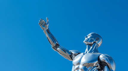 Wall Mural - Artificial intelligent concept, digital Ai robot standing, touching cloud and blue sky by generative AI.