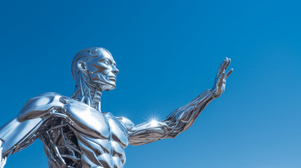 Wall Mural - Artificial intelligent concept. Robot arm hand and sky, digital Ai touching cloud and blue sky by generative AI.