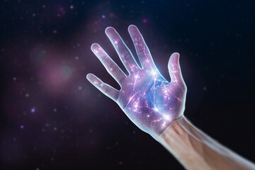 Wall Mural - Artificial intelligent concept. Robot arm hand and sky, digital Ai touching the sky by generative AI.