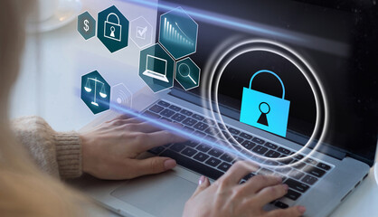 Cyber security concept, Person hand touching cyber security icon on virtual screen with blue bokeh background