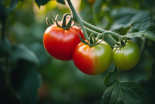 A Close Up Of Three Tomatoes On A Vine.