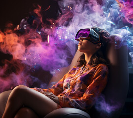 Wall Mural - Woman wearing virtual reality headset she is sitting on the sofa future technology and entertainment vr digital. AI Generative.