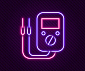 Sticker - Glowing neon line Ampere meter, multimeter, voltmeter icon isolated on black background. Instruments for measurement of electric current. Colorful outline concept. Vector