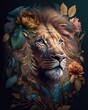 Fantasy lion portret in flowers and leaves
