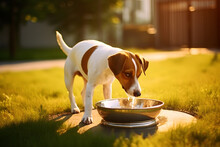 Super Cute Pedigree Smooth Fox Terrier Dog Drinks Water Out Of His Outdoors Bowl. Happy Little Doggy Having Fun On The Backyard. Sunny Day Outdoors
