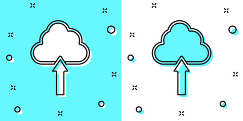 Poster - Black line Cloud upload icon isolated on green and white background. Random dynamic shapes. Vector