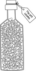 Wall Mural - Bottle with stars and hearts doodle coloring book page. Black and white vector zentangle illustration.