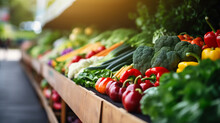 Colorful Aisle Of Fresh Fruits And Vegetables In A Farmers Market, Wide Banner With Copy Space Area  
