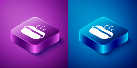 Poster - Isometric Hotdog sandwich with mustard icon isolated on blue and purple background. Sausage icon. Fast food sign. Square button. Vector