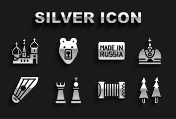 Poster - Set Chess, King crown, Christmas tree, Accordion, Kankles, Made Russia, Saint Basil's Cathedral and Bear head icon. Vector