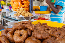 Delicious Variety Of Fried Snacks At A Street Food Stall In Asia