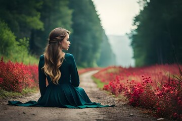 woman between flowers in the wild. a woman practising yoga in the morning. concept of living healthily. 