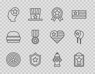 Sticker - Set line American star shield, USA Independence day, Medal with, Police badge, Head, Fire hydrant and Balloons icon. Vector