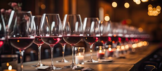 Wine glasses with red wine standing in line on the table. 