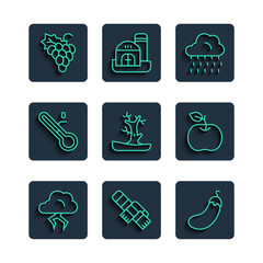 Sticker - Set line Storm, Winter scarf, Eggplant, Cloud with rain, Bare tree, Meteorology thermometer, Grape fruit and Apple icon. Vector