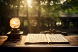 ancient manuscript of kanji on the table backlit against the background of the forest. AI Generated.