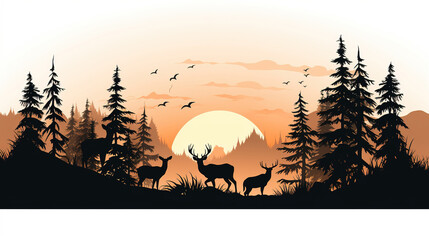 Black silhouette of deer family with baby and forest fir trees wildlife adventure hunting camping landscape panorama illustration isolated on white background