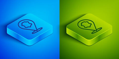 Wall Mural - Isometric line Leather icon isolated on blue and green background. Square button. Vector