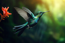 Image Of A Hummingbird Flying, Bird, Wildlife Animals., Generative AI, Illustration.