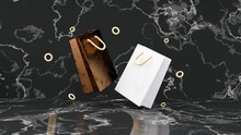 Bronze-colored 3D Shopping Bag On A Marble Background