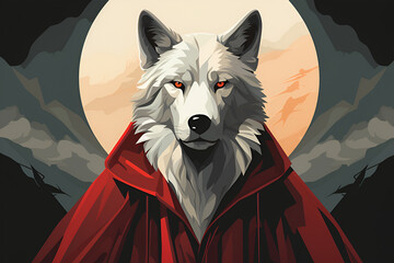 Wall Mural - Portrait of a wolf in a suit with red background, Generative ai