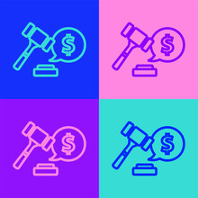 Pop Art Line Auction Hammer Price Icon Isolated On Color Background. Gavel - Hammer Of Judge Or Auctioneer. Bidding Process, Deal Done. Auction Bidding. Vector