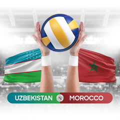 Uzbekistan vs Morocco national teams volleyball volley ball match competition concept.