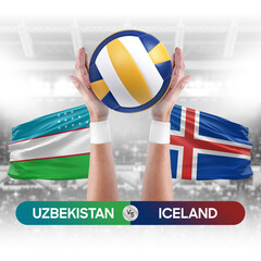 Uzbekistan vs Iceland national teams volleyball volley ball match competition concept.