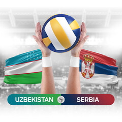 Uzbekistan vs Serbia national teams volleyball volley ball match competition concept.