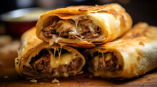 Deep-fried Loaded Philly Cheesesteak Egg Rolls With Melted Cheese.