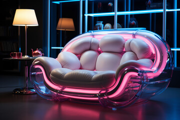 Interior of modern room with design sofa with neon. 